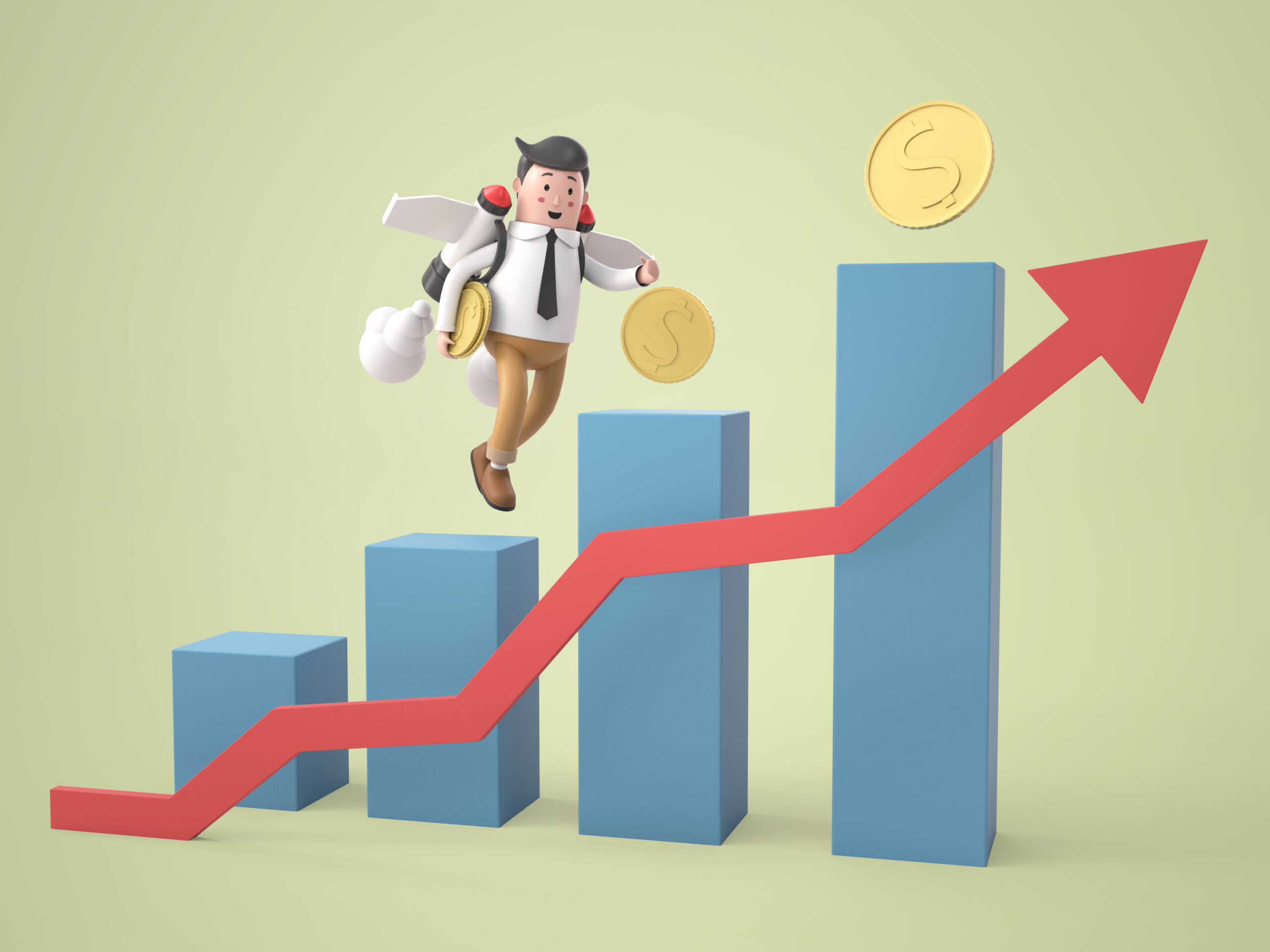 About 3d illustration man flying catch golden coin over business graph